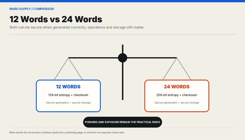 Comparison of typical 12-word and 24-word BIP39 seed phrase properties.