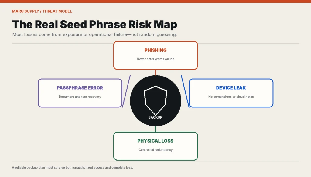 Matrix comparing phishing, device compromise, physical loss, and passphrase risks.