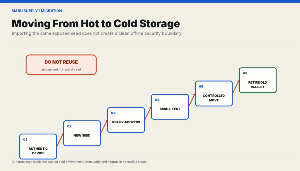 Six-step migration from a hot wallet to newly generated cold-storage keys.
