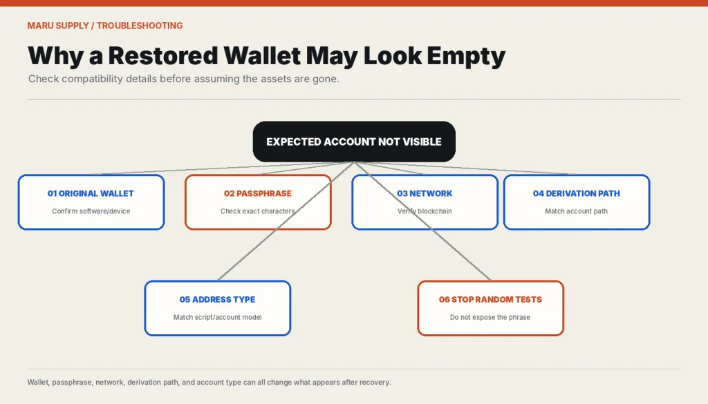 Checklist for checking wallet, passphrase, network, derivation path, and address type.