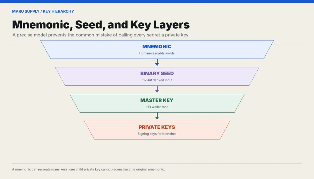 Diagram separating mnemonic phrase, binary seed, master key, and private keys.