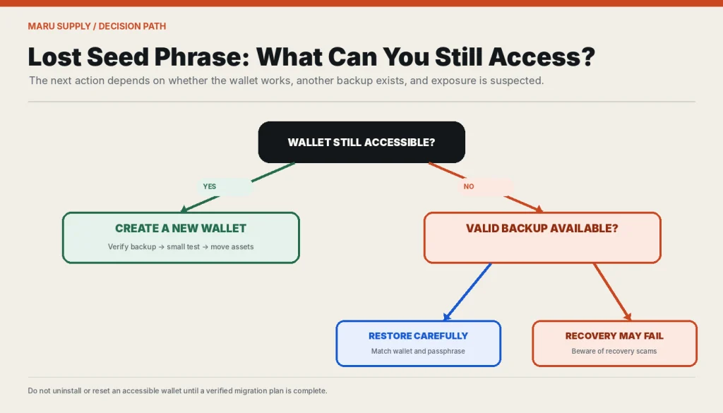 Decision path based on wallet access, backup availability, custody, and exposure.