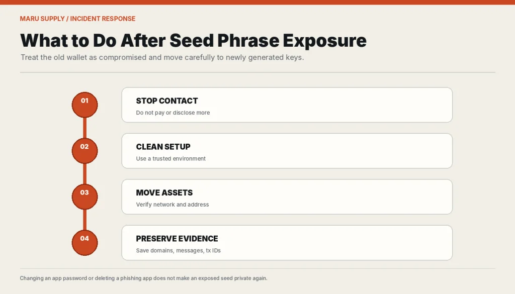 Four-step incident response after revealing a seed phrase.