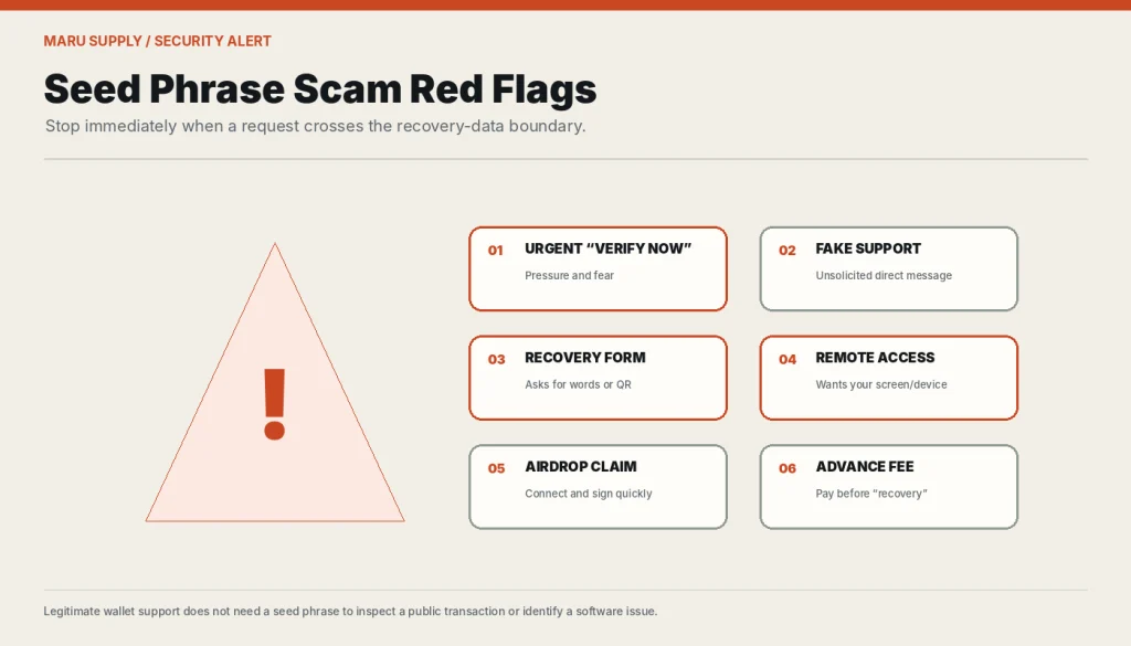 Checklist of urgent verification, fake support, recovery forms, remote access, airdrops, and fees.
