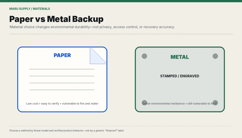 Comparison of paper and metal seed phrase backup trade-offs.