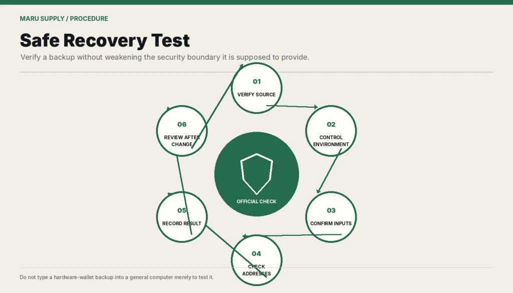 Six-step process for testing a wallet backup safely.